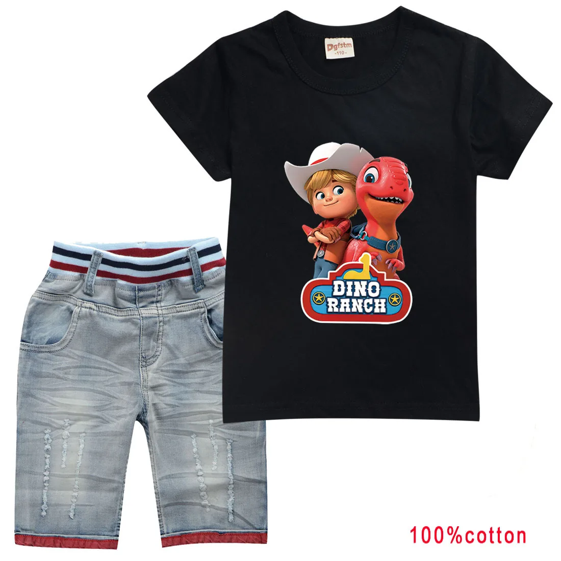 

Детский костюм ранчо динозавра, футболка с коротким рукавом и джинсовые шорты, комплект из 2 предметов для девочек-подростков, летняя одежда