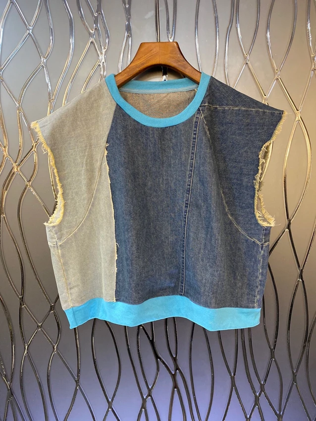 

2023 new women's fashion sleeveless sexy casual round neck color matching denim pullover top 0602