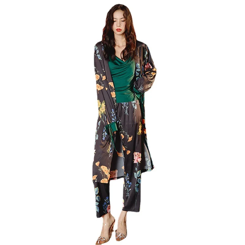 New women's pajamas women's long-sleeved ice silk satin three-piece pajamas for women  פיגמה קיץ לנשים pijama