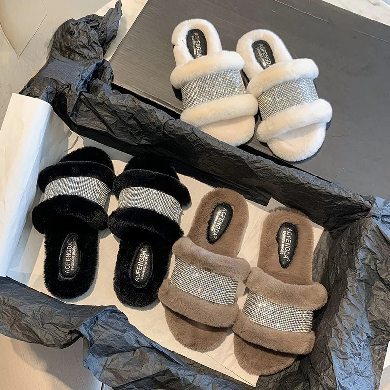 

2022 NEW Winter Women House Slippers Faux Fur Warm Flat Shoes Female Slip on Home Furry Ladies Slippers Size 36-43