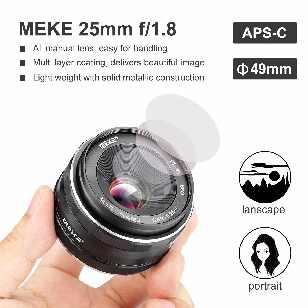 Фото Meike 25 мм f1.8 с ручным объективом с большой диафрагмой для камер Olympus Micro 4/3/Sony E/Canon EF-M/FujifilmX №3
