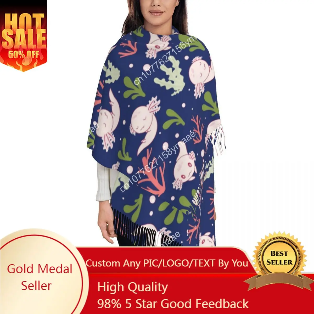 

Custom Cute Axolotl Scarf for Womens Winter Warm Pashmina Shawls and Wrap Fish Aquatic Animal Long Large Shawl Scarf for Ladies