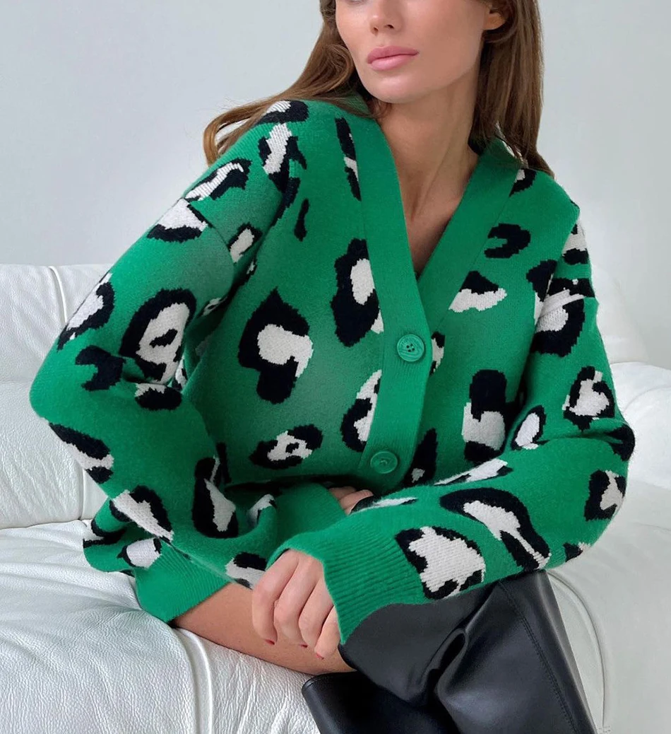 

EVLOOKS Winter Beige Leopard Print Cardigan with Buttons Oversize Jacket Loose Green Thick Warm Knitted Cardigan for Women 2022
