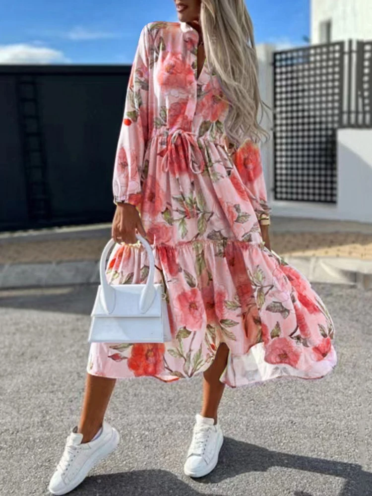 

Spring Autumn Elegant Floral Print Dress Women Fashion Long Sleeve Stand Collar Drawstring Dress Casual Loose Button Lady Dress