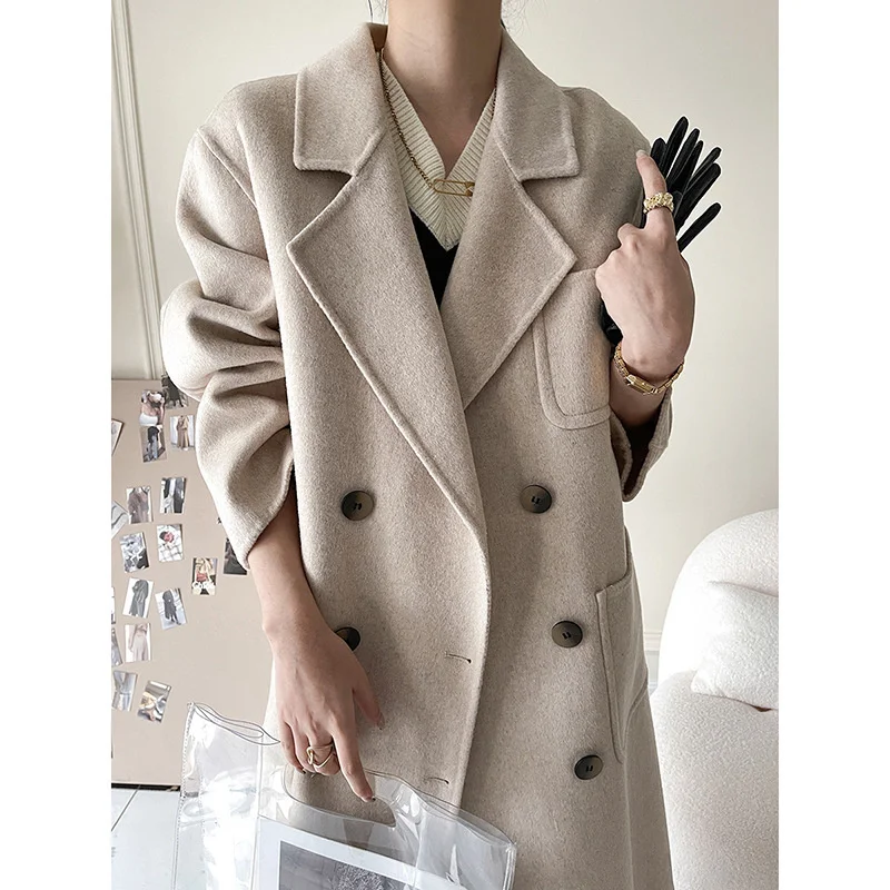 

Женское шерстяное пальто, двубортное длинное пальто из 2022-ной шерсти с отложным воротником, Осень-Зима 100%
