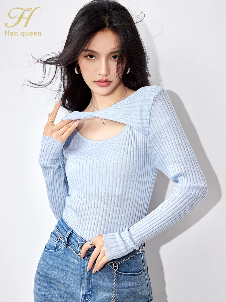 

H Han Queen New 2023 Autumn Winner Tees Korean Chic Long Sleeve Basics Knitted Bottoming T-Shirts Vintage Work Casual Tops Women