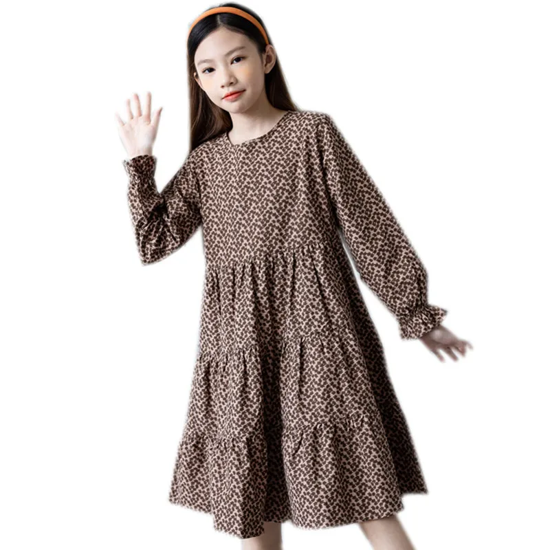 

6 to 16 years kids teen girls long sleeve loose geometric print autumn fall cotton tiered flare dress child fashion casual dress