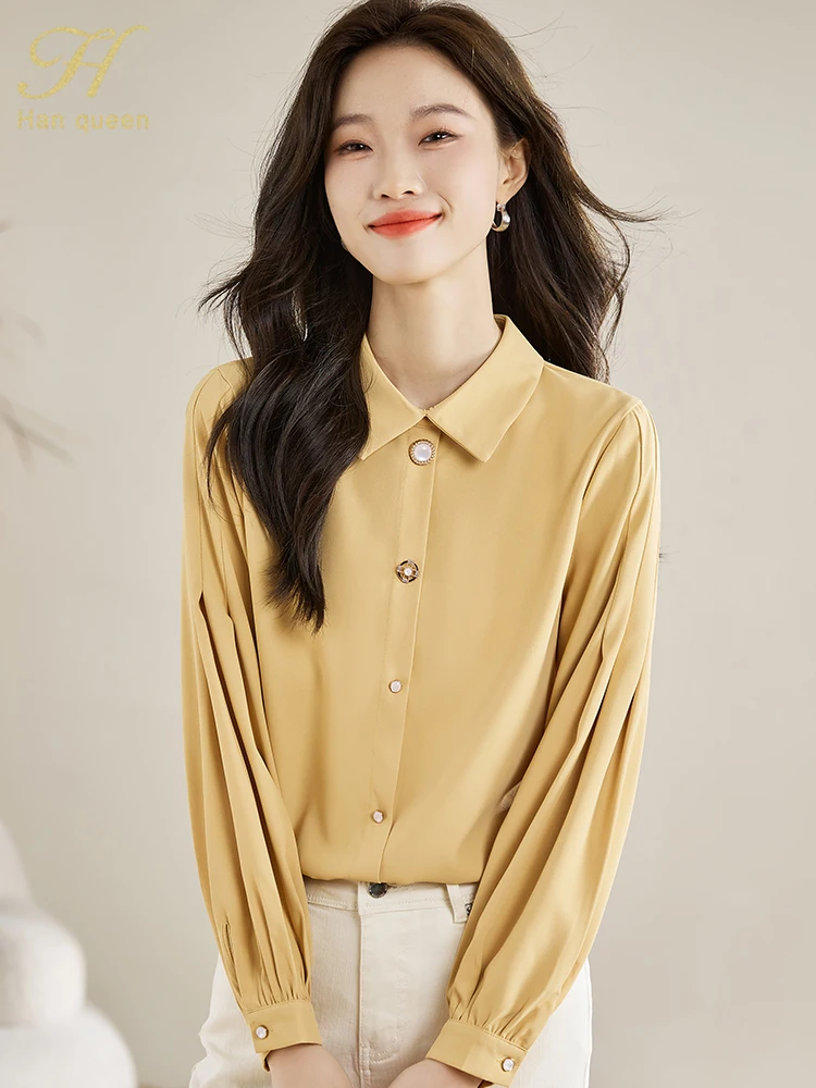 H Han Queen Элегантные блузки для женщин Простой корейский топ Повседневная блузка