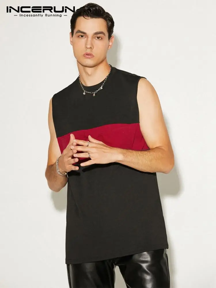 

INCERUN Tops 2022 Stylish New Men Waistcoat Printed Sleeveless Patchwork Vests Casual Streetwear Stitching Color Tank Tops S-5XL