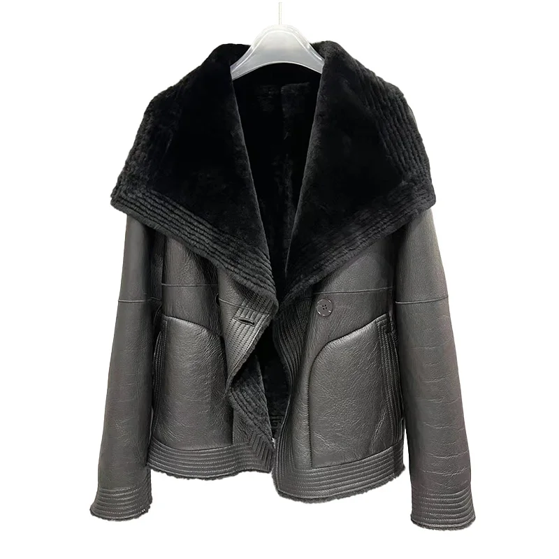 Women Winter Leather Jackets Genuine Sheepskin Shearling Coats Solid Double Face Leather Wool Warm Overcoats 2022 New GT5083