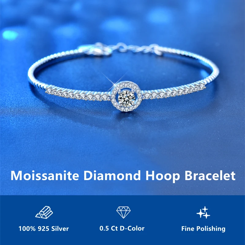 

Sterling 925 Silver Moissanite Diamond Hoop Bracelet Women's Hand Chain Original Fashion Jewelry Link Free Shipping