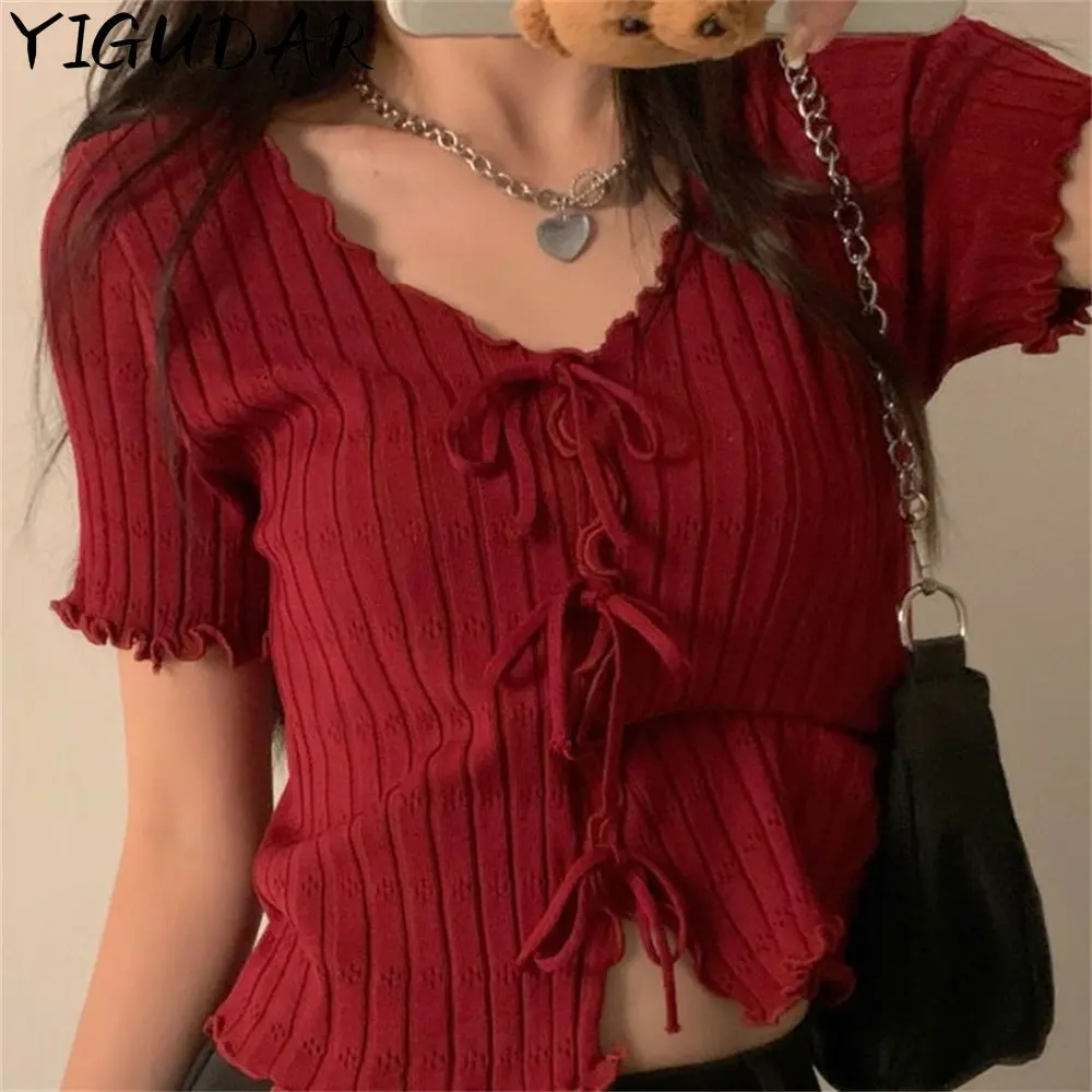 

women shirt Vintage Puff Short Sleeve V-neck Knitted T-shirts Girls Solid Stretchy Crop Tops Thin Knitwear For Women y2k