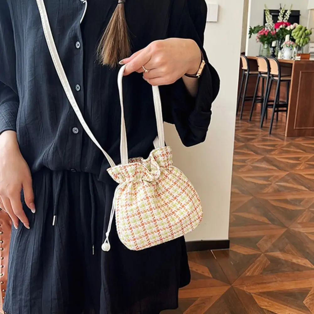 Элегантная решетчатая женская сумка-мешок на шнурке винтажная милая сумка через