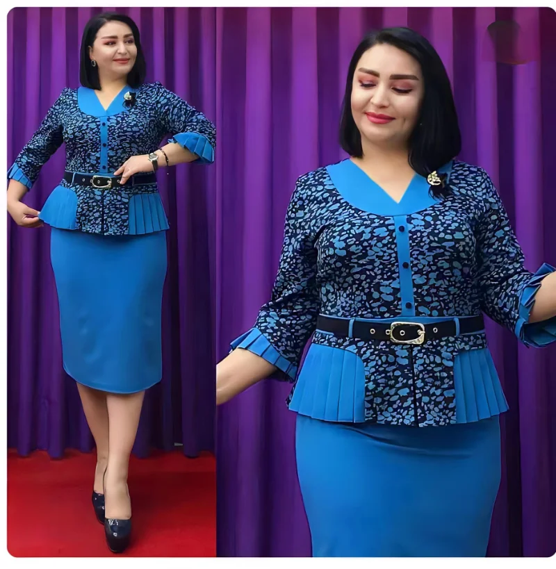 Snow Leopard Printed 2 Piece Sets Women V Neck Patchwork Pleated Top with Belt Solid Skirt Vintage African Event Big Size Suits