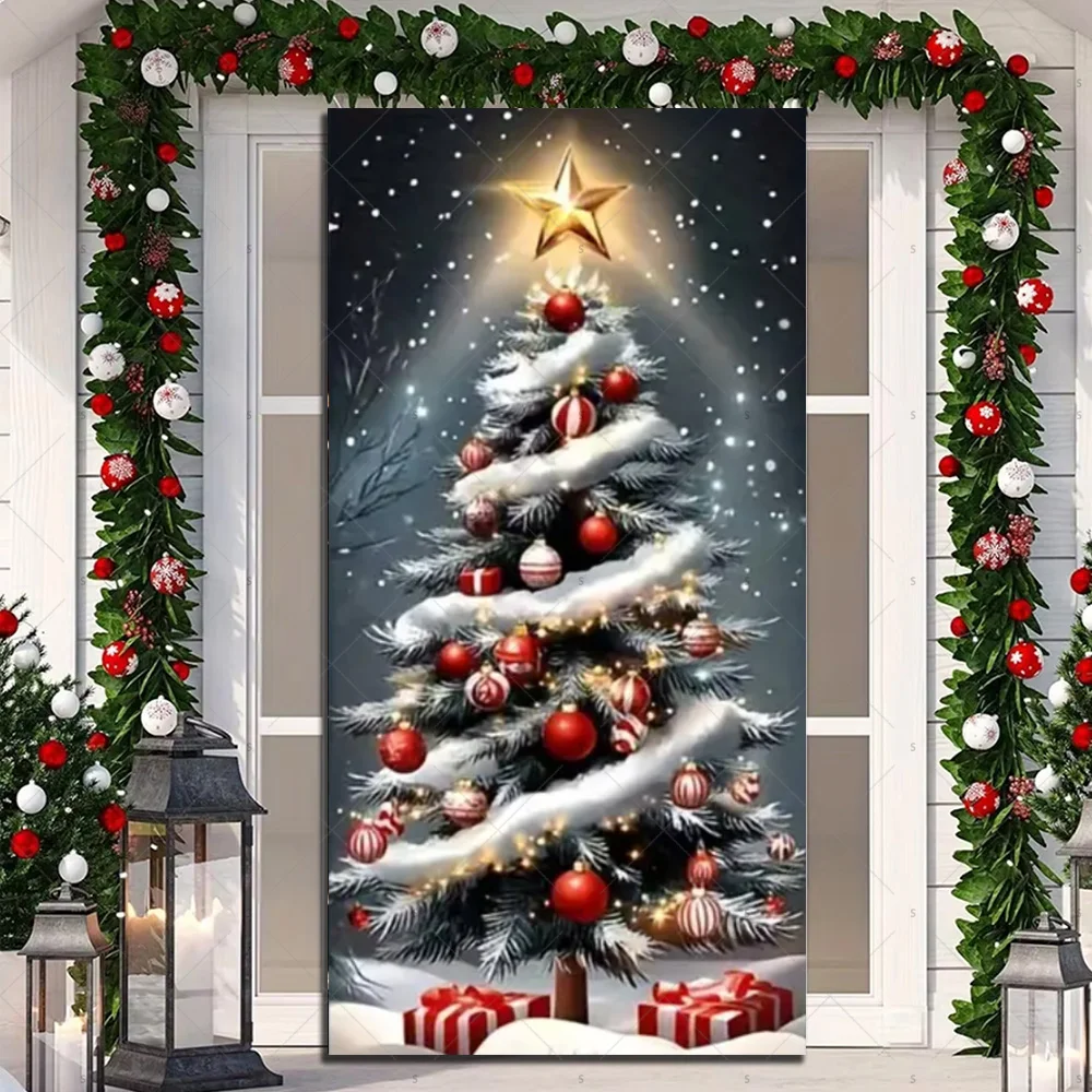 

Веселая Рождественская тема, дверная крышка, украшение, фон, рождественская елка, подарки, фон для фотосъемки, уличный баннер для крыльца, товары для вечеринок