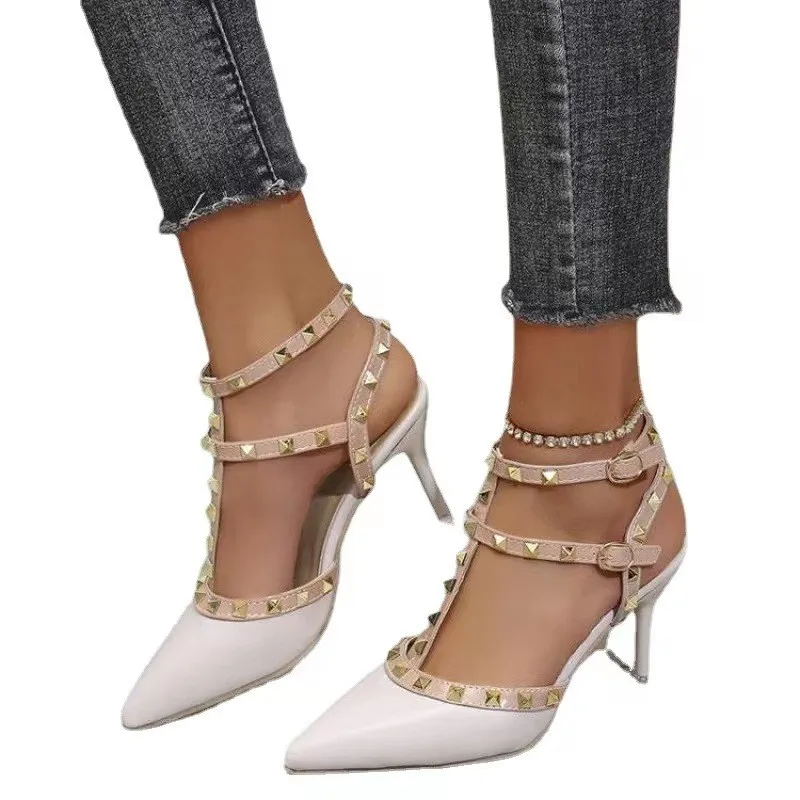 Women's Shoes Roman Fashion Rivet Sandals Sexy Nightclub Stiletto Heels Patent-leather Metallic Rivet Hollow High Heels