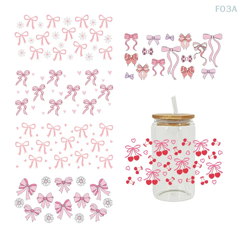 3D УФ-переносные наклейки DTF обертывания для чашек 16 унций мультяшный бант с