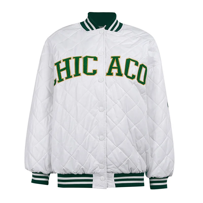 Diamond Plaid Letters Embroidered Cotton Jacket Jacket Women's Fall Fashion Casual Tops Winter Warm Windproof