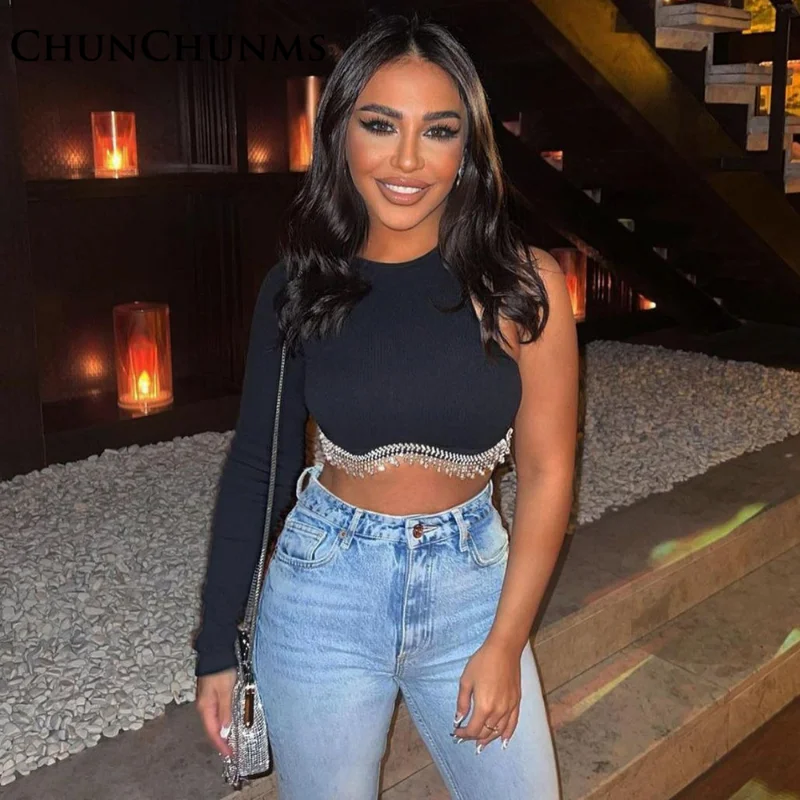 

Женская однотонная блузка на одно плечо, с цепочкой и круглым вырезом