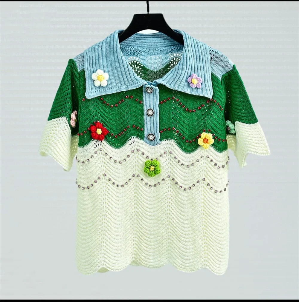 

Flowers Diamonds Striped Sweater Women Knitted Pullovers T-shirts 2023 Summer Elegant Vintage Chic Ladies Tees Y2k Tops Knitwear