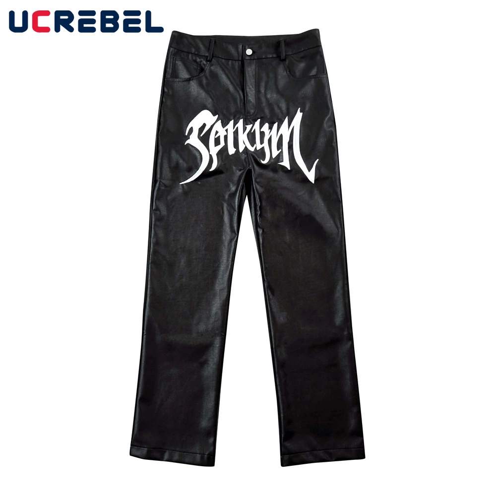 

Letter Embroidery PU Leather Pants Mens High Street Loose Straight-leg Pants Streetwear Casual Trousers Men