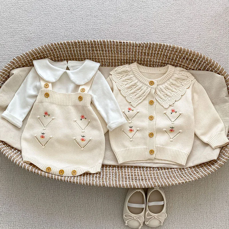 

Autumn Spring Children Clothes Suit Long Sleeved Knitted Flower Embroidered Cardigan Jumpsuit Newborn Baby Girls Clothing Set