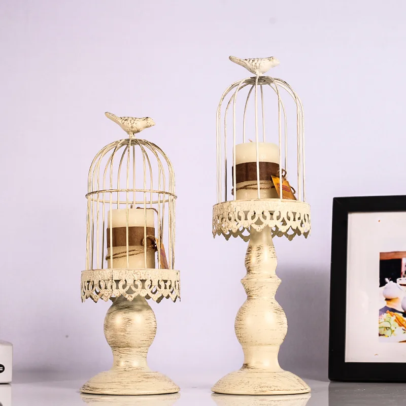 

European Iron Retro White Bird Cage Candle Holder Candlelight Dinner Romantic Valentine's Day Decoration