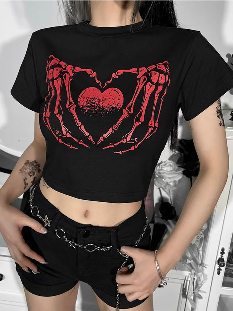 

Deeptown Punk Goth y2k Cropped Tops Women Vintage Harajuku Skeleton Hand Printed T-shirt Street Hot Girl Sexy Exposed Navel Tees