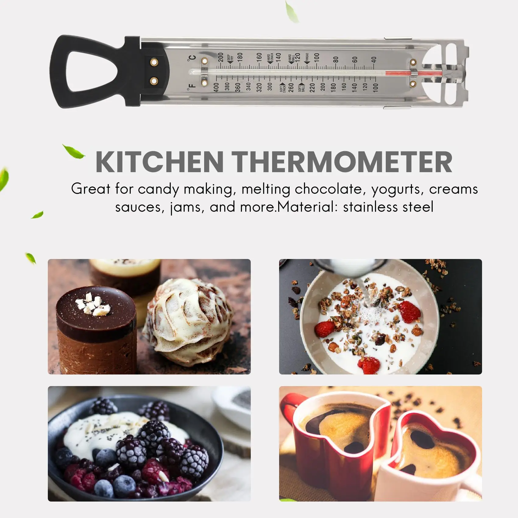 Термометр для конфет/желе/фритюра нержавеющая сталь с зажимом кастрюли и