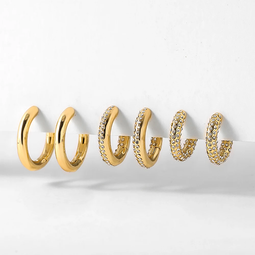 

3Pair/set Fashion Geometric Round Gold Color Copper Hoop Earrings for Women Trendy Pave Zircon CZ Chunky Thick Earrings Jewelry