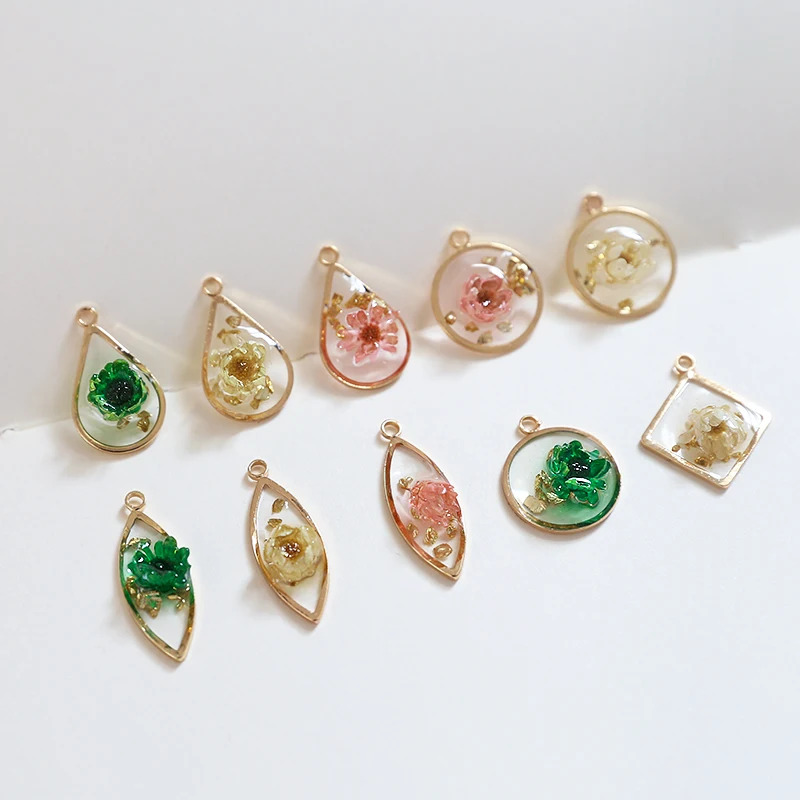 

1pcs Romantic Immortal Flower Gold Leaf Water Drop Round Transparent Pendant Diy Jewelry Earrings Necklace Accessories Material