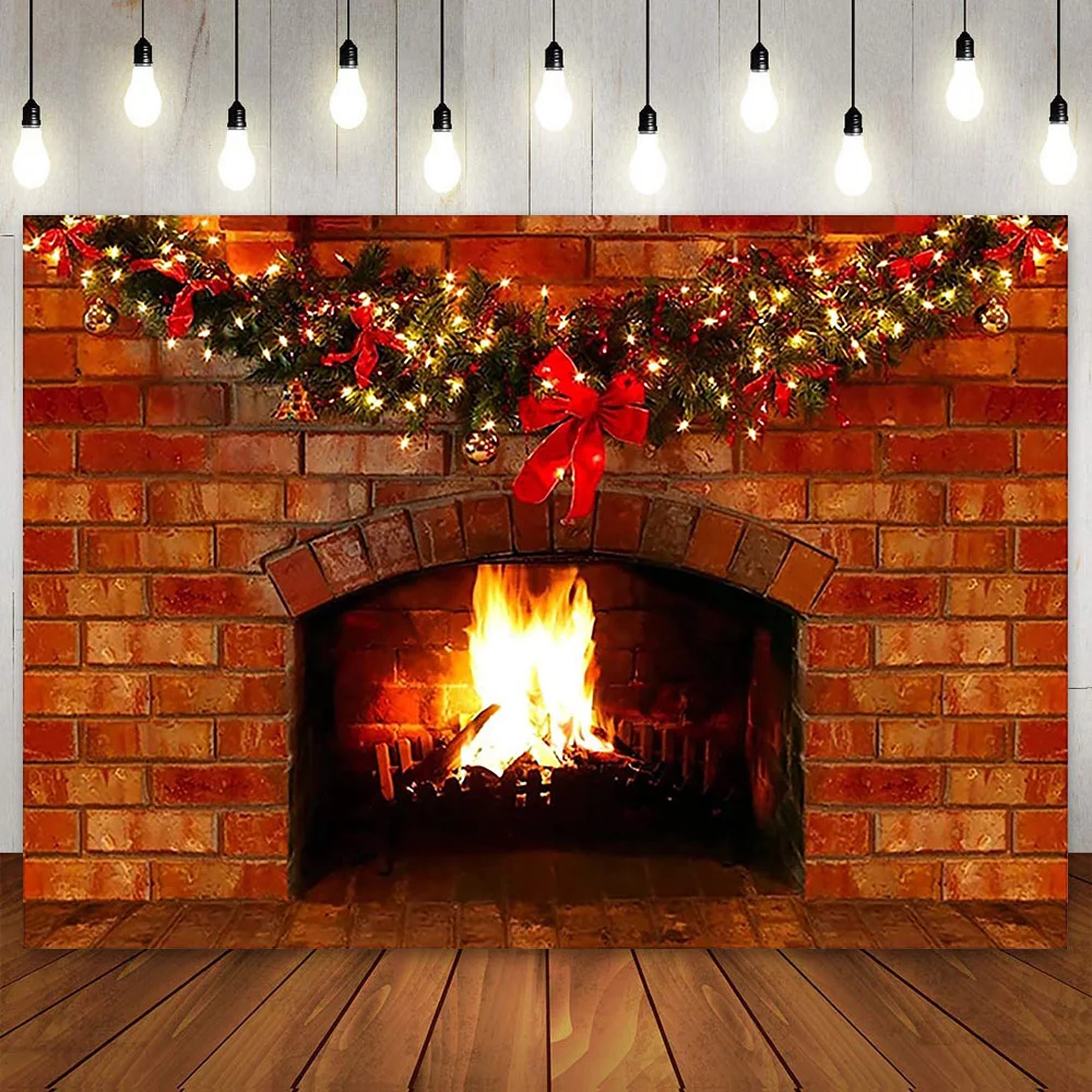 Christmas Backdrop Interior Red Brick Fireplace Xmas Photography Background Kids Children Family Party Decoration Photoshoot