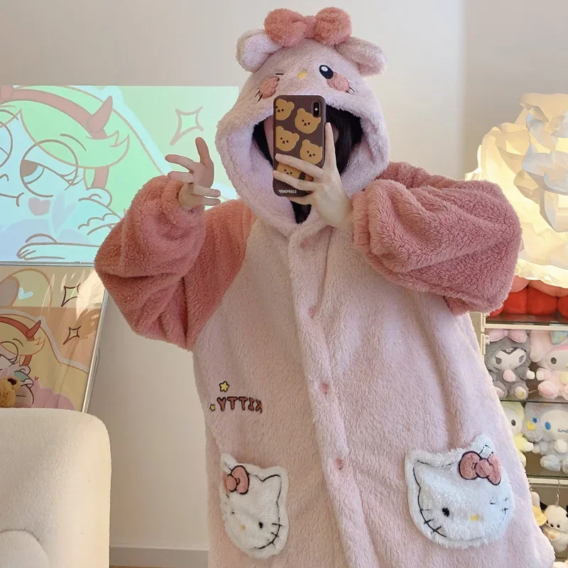 

Sanrios HelloKittys My Melody Anime Kawaii женская зимняя утепленная Фланелевая пижама с капюшоном