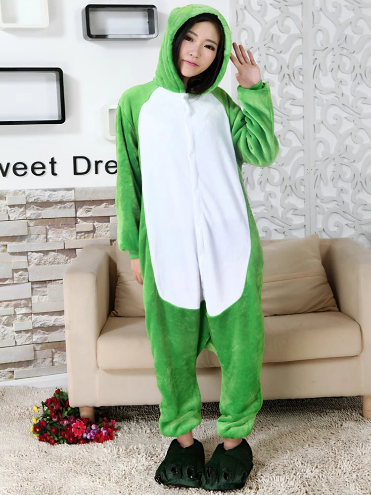 Unisex Winter Animal One-Piece Pajamas Sets Warm Frog Pattern With Zip Fastener Length To The Floor Cute Comfortable Cosplay