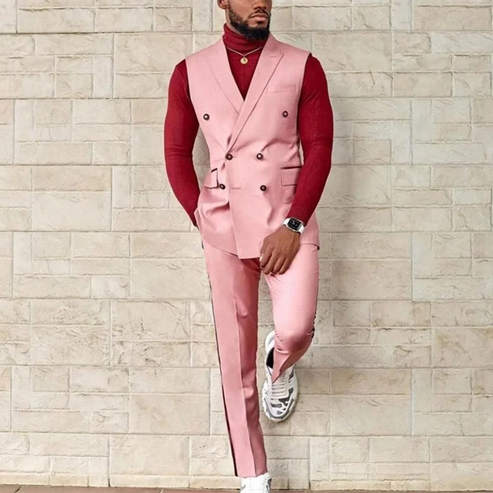 Custom Made Pink Notch Lapel Vest Pant 2 Pcs Double Breasted Wedding Slim Fit Groom Tuxedo  Masculino Prom Blazer Men Suits