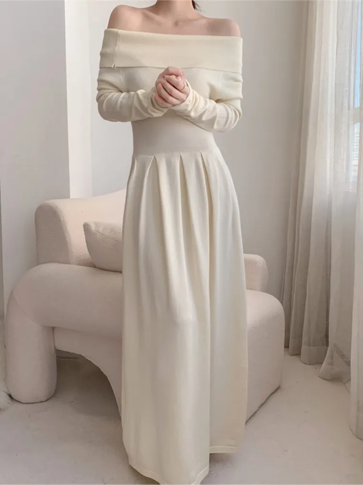 

Vintage Slash Neck Women Knitted Long Black Dress Slim Casual Female Fashion Chic Party Evening Vestidos Lady Sexy Swetaer Robe