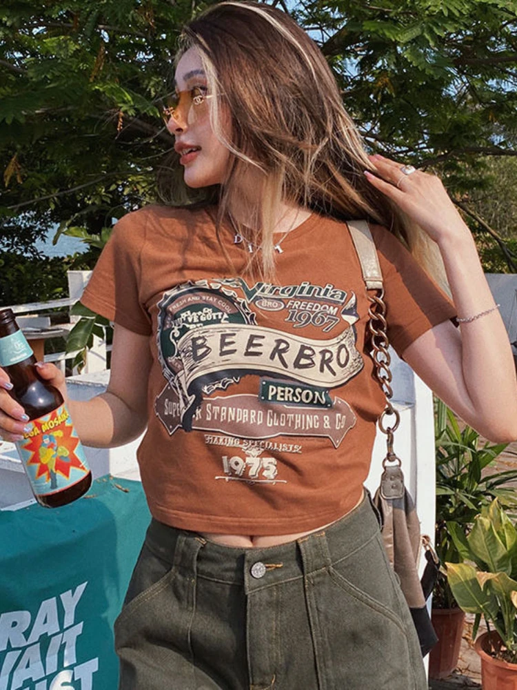 

Deeptown Y2K Vintage Brown Tshirts Women Oversize Streetwear 90s Aesthetic T Shirt Summer Harajuku Retro Cropped Top Egirl Tee