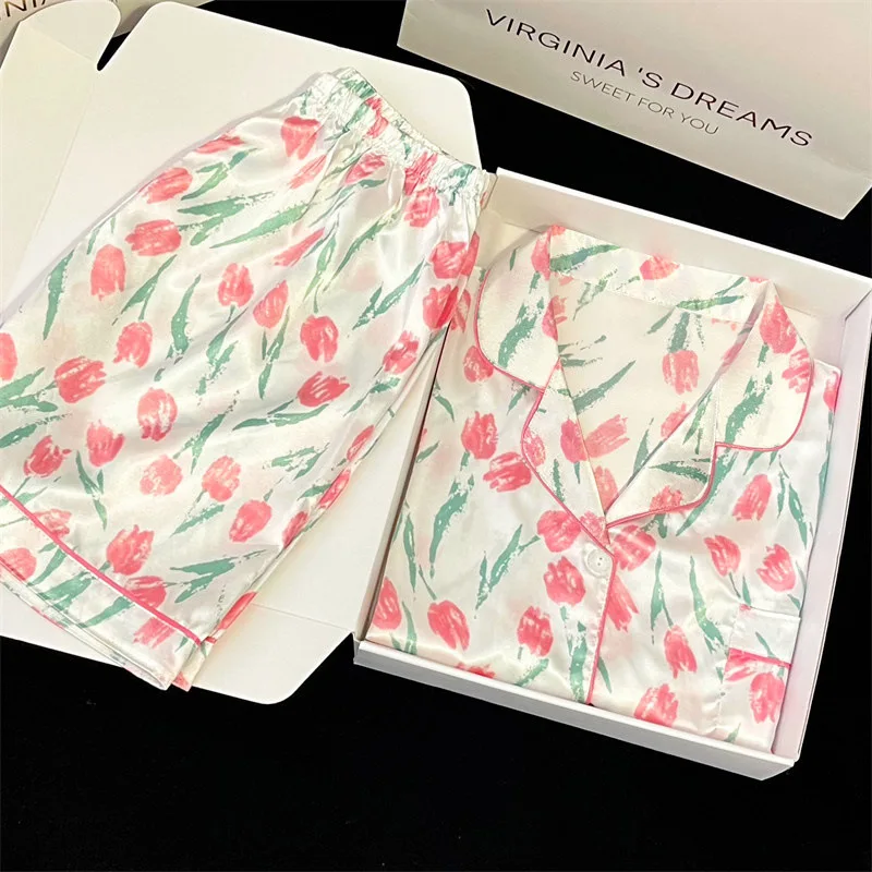 

Ice Silk Pajamas Women's Tulip Summer Short-sleeved Shorts Home Clothes Homewear Set Simple Pijamas