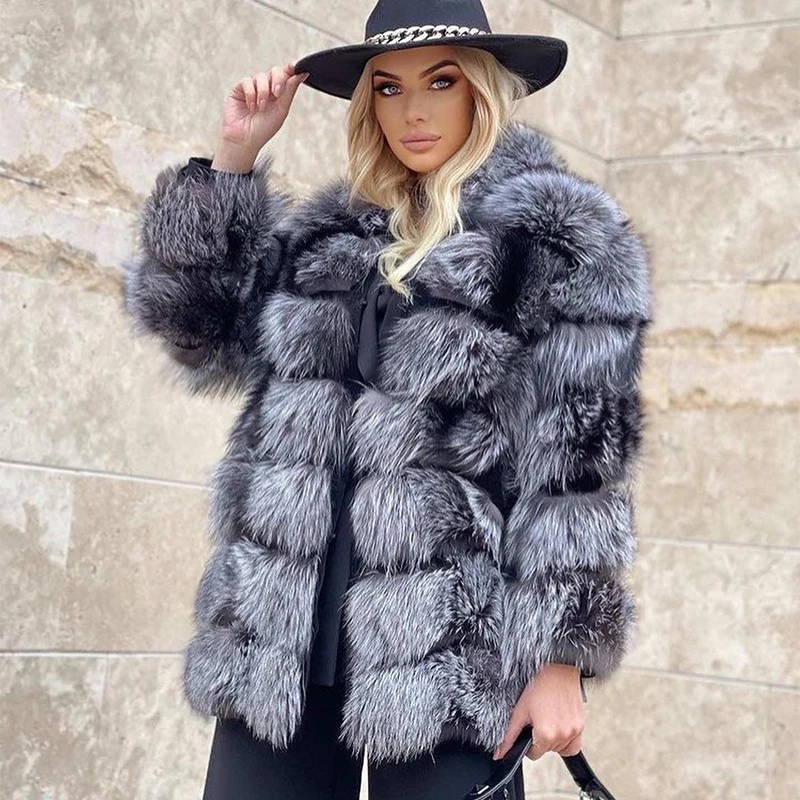 Hairy Silver Fox Fur Coats Women Streetwear Winter New Luxury Warm Outertwear Lady Tide Real Silver Fox Fur Jackets Female