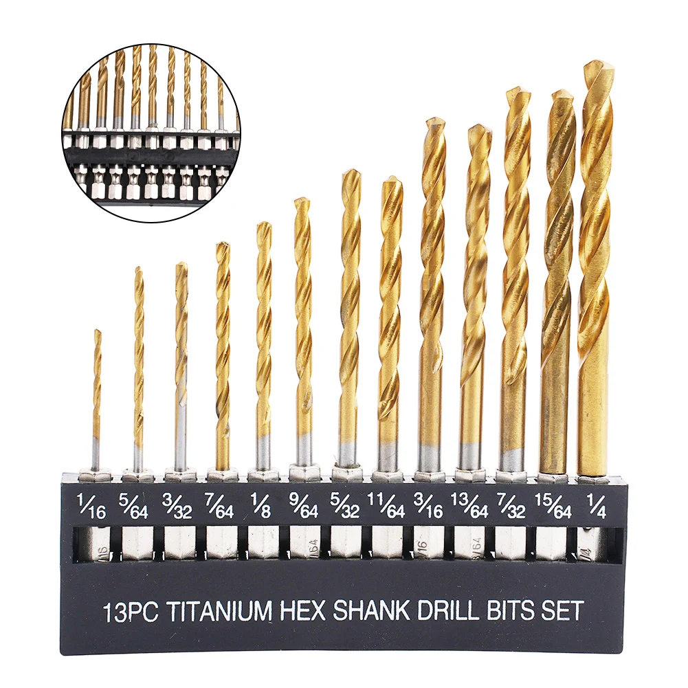 

13pcs Titanium Coated Drill Bits Set 6.35mm Hexagon Shank Inch Drilling For Wood Plastic Cordless Screwdrivers Power Tools Acce