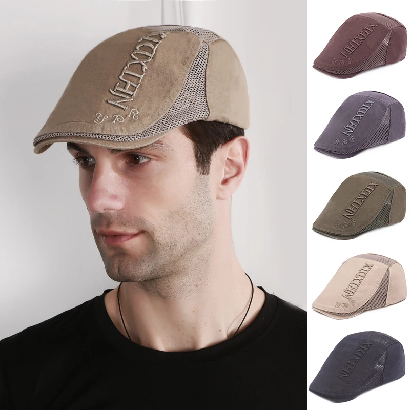 

Beret Flat Hat Men's Mesh Letter Pattern Visor Caps Fashion Vintage Solid Color Caps Summer Breathable Casual Sun Hats Cotton
