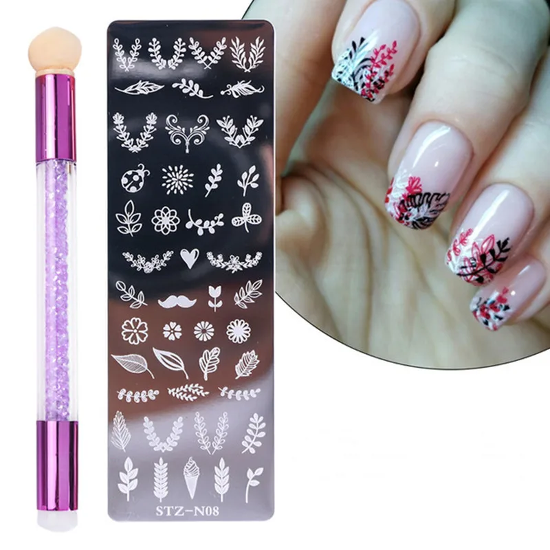

2Pcs/Set Nail DIY Template Flower For Nail Tool Nail Stamping Plates Set Silicone Sponge Brush Polish Transfer Stencils Nail Art