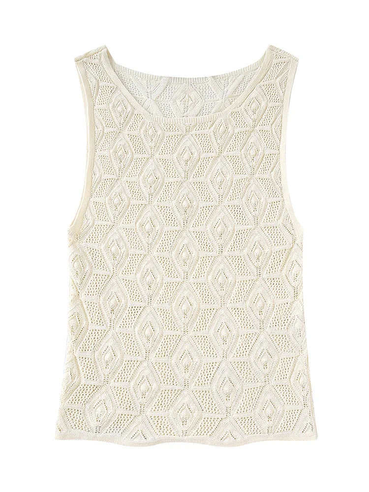 

Summer Clothes For Women Tops Tanks 2022 Vintage Pointelle Knitted Crop Top Round Neck Sleeveless Slim Fitted Casual Tank Top