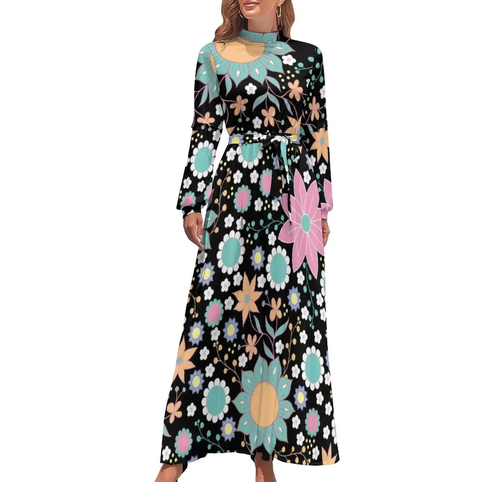 

Pretty Flower Power Dress 60s 70s Floral Print Stylish Boho Beach Dresses Woman Long Sleeve High Neck Elegant Long Maxi Dress