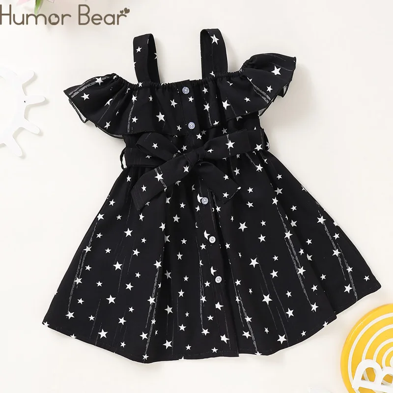 

Humor Bear Girls Sling Dress 2022 Summer New Off-Shoulder Ruffle Star Printed Priness Dress Toddler Clothes