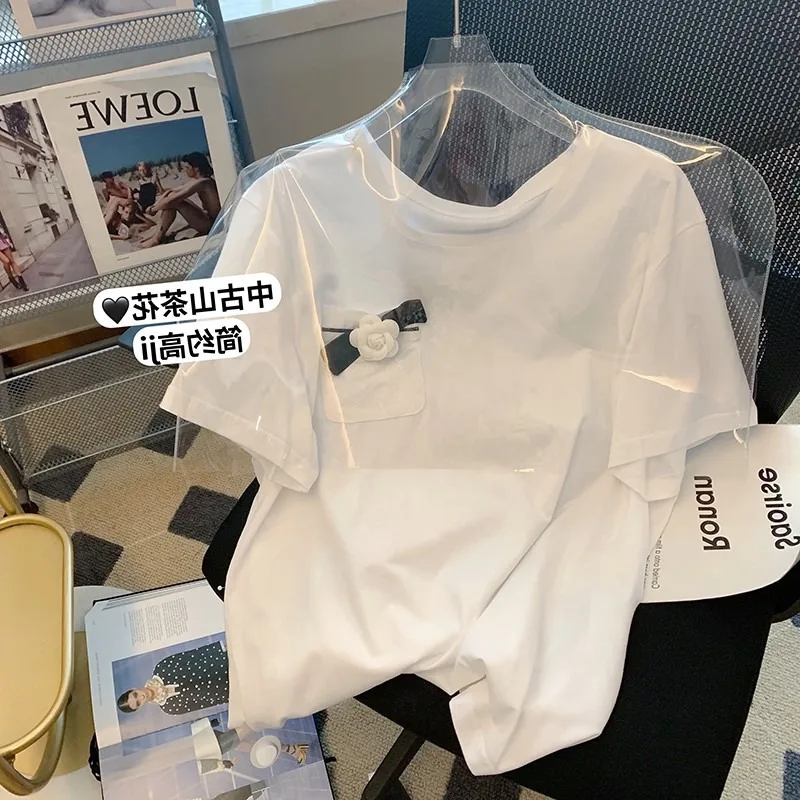 

Женская футболка с коротким рукавом Camellias, белая свободная простая футболка в новом стиле на лето 2022