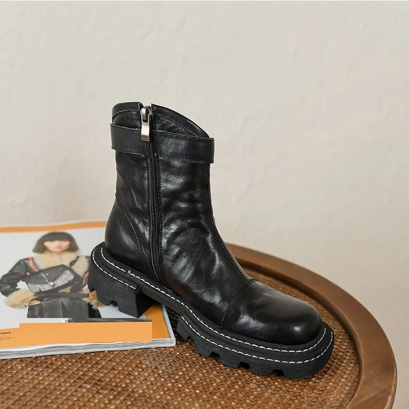 Cowhide Thick Heels Ladies Shoes With Buckle Ankle Boots Side Zippers Women Winter Boots Round Toe Autumn Spring Short Boots
