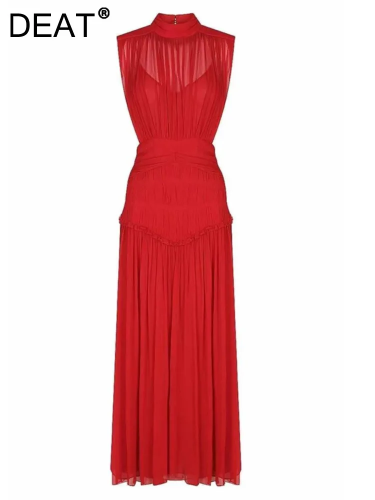 

Женское плиссированное платье [DEAT], однотонное платье до щиколотки с воротником-стойкой, без рукавов, с высокой талией, в стиле пэчворк, 13AC300, ...