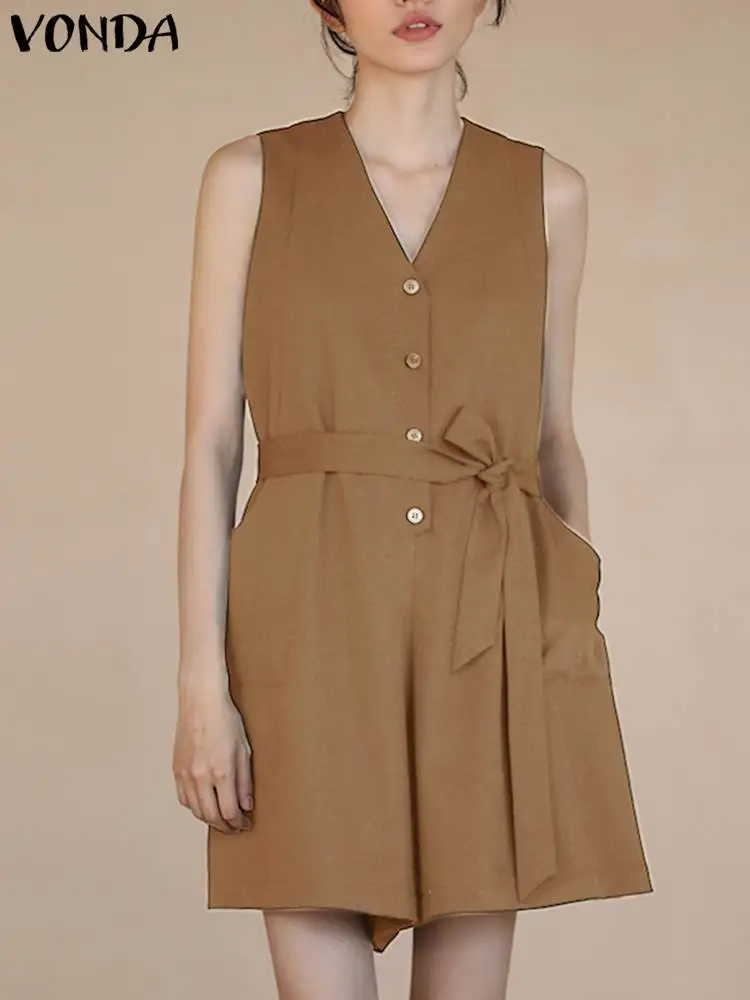 

Комбинезон VONDA женский с V-образным вырезом, Модный пикантный короткий Ромпер без рукавов, повседневная одежда с карманами, лето 2023