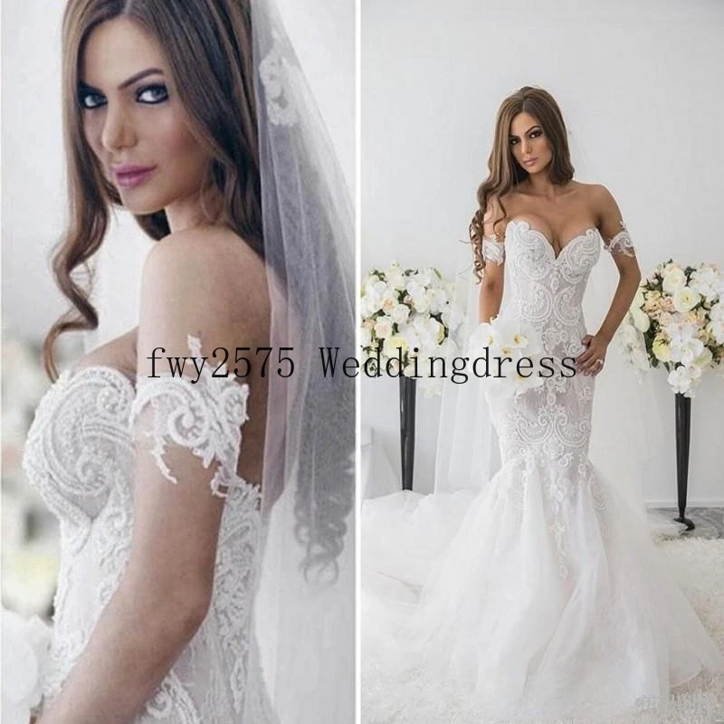 

Mermaid Wedding Dresses New Arrival Off Shoulder Short Sleeves Backless Beads Mermaid Tulle Sweep Train Bridal Dresses